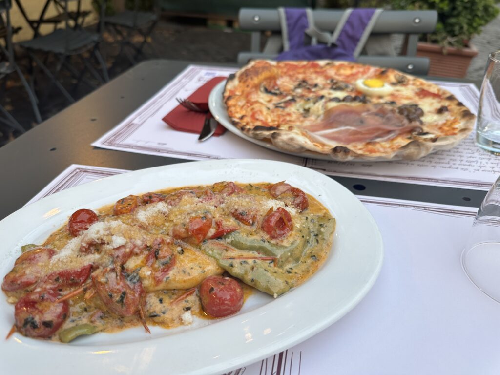 ravioli and pizza at La Gattabuia restaurant in Trastevere Rome Italy
