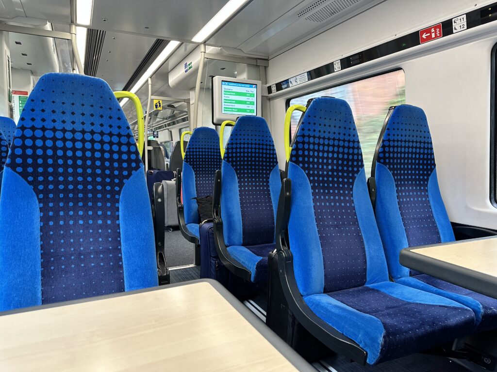 Seats on Blackpool Northern Rail train passenger reviews the BritRail pass experience