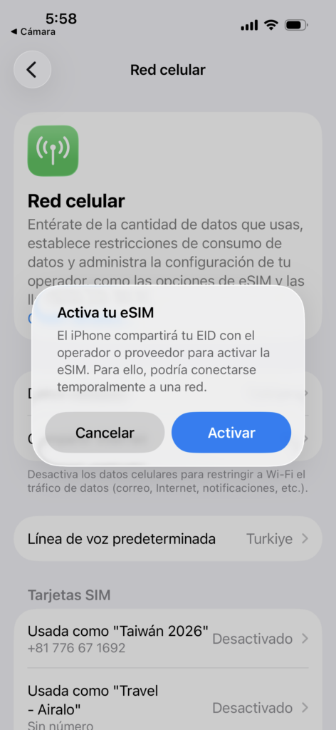 esim installation screenshot 