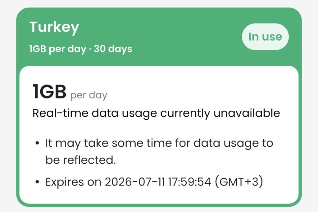 klook esim screenshot for turkey data usage
