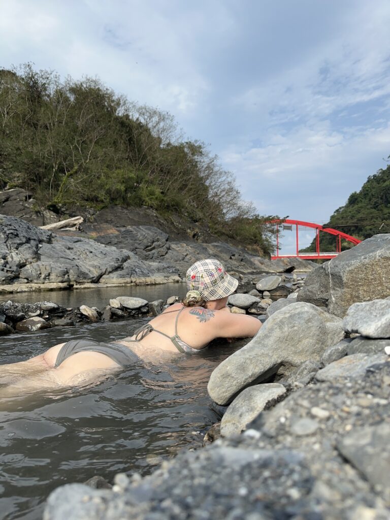 Tourist relaxes in Jinlun hot springs in Taitung Taiwan