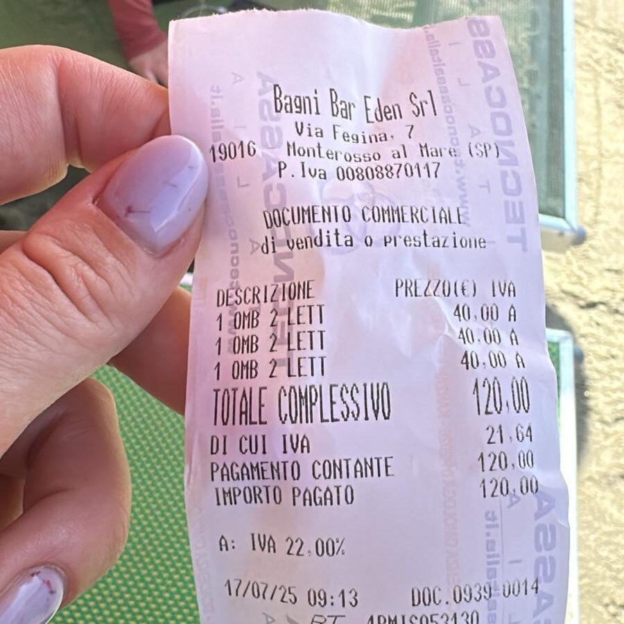 beach chair receipt at moterosso in cinque terre