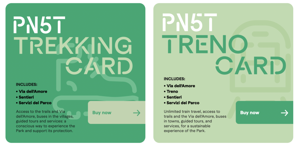 screenshot of types of day passes for cinque terre by train for two day itinerary