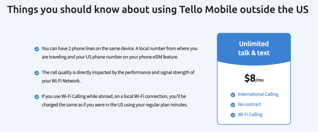 tello screenshot of international phone number alternative to google voice