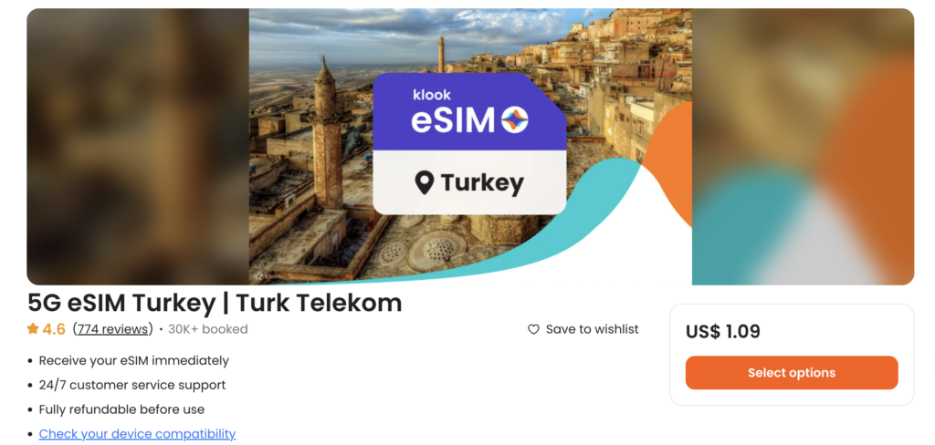 klook esim for turkey turkiye travel screen shot 
