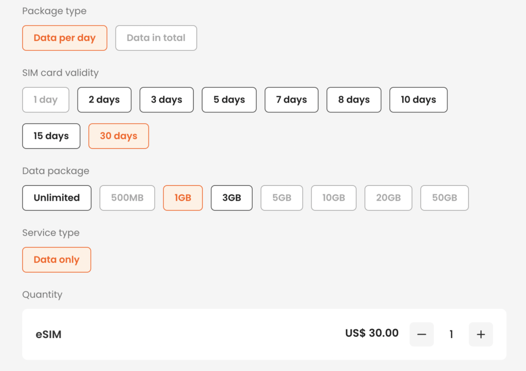 data package options for turkey esim on Klook