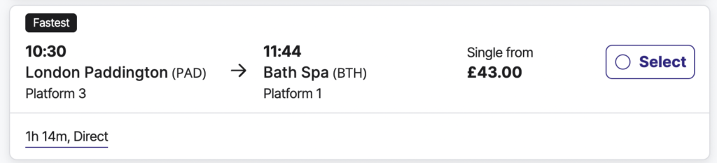 screenshot of UK ticket prices without the britrail pass 