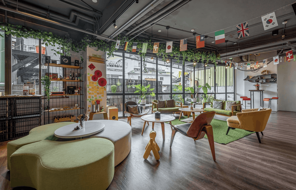 light hostel tainan lobby with shared kitchen and seating area