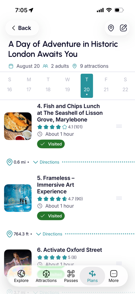 go city london pass activity planner screenshot with sample itinerary from full day 24 hour pass review with food and things to do in london