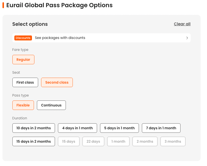 klook screenshot of eurail pass options