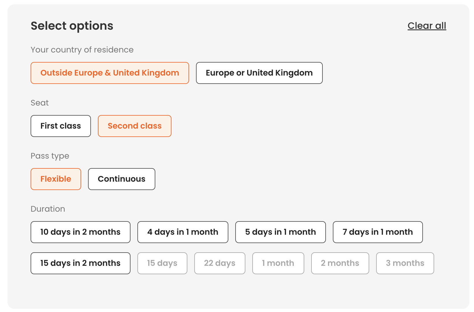 klook screenshot of interrail eurail pass options