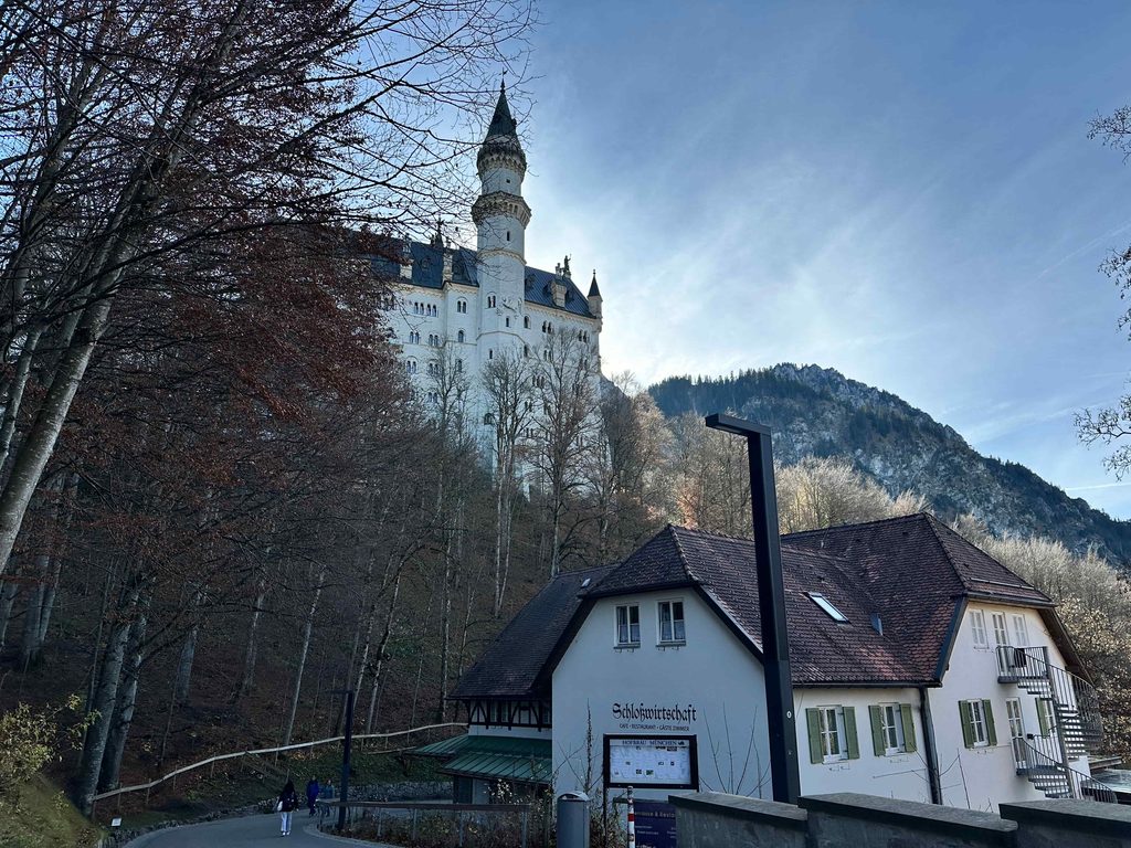 Neuschwanstein Castle hidng behind trees on a november day
