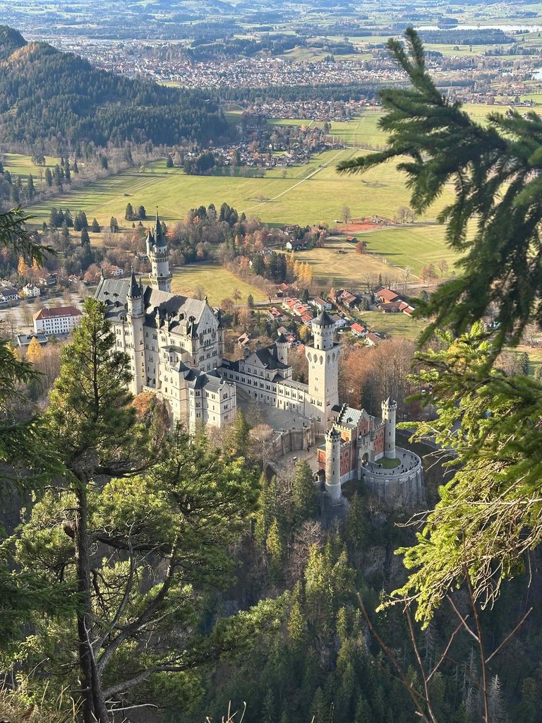view above Neuschwanstein Castle after hiking past the Marienbrücke bridge
