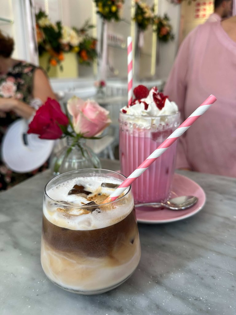 latte and pink drink at Peggy Porschen in london belgravia things to do