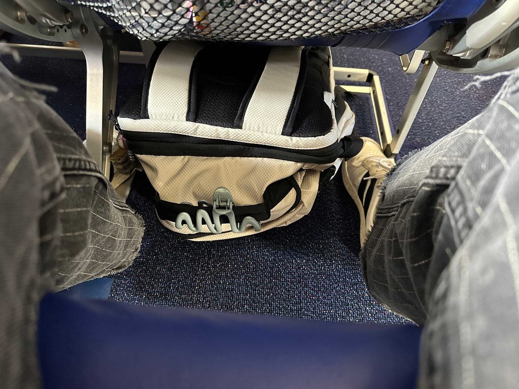 bagsmart blast pro 38-liter review test showing backpack under wizz airline seat