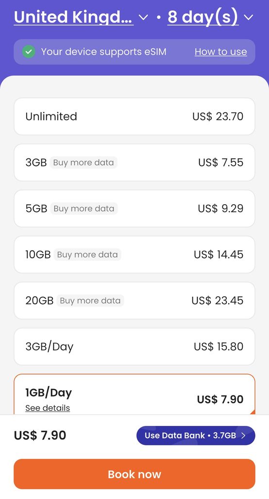 uk example for klook esim review different data options in USD