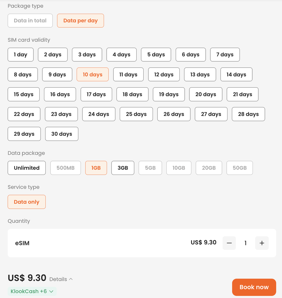 klook uk cheap esim screenshot for data plan